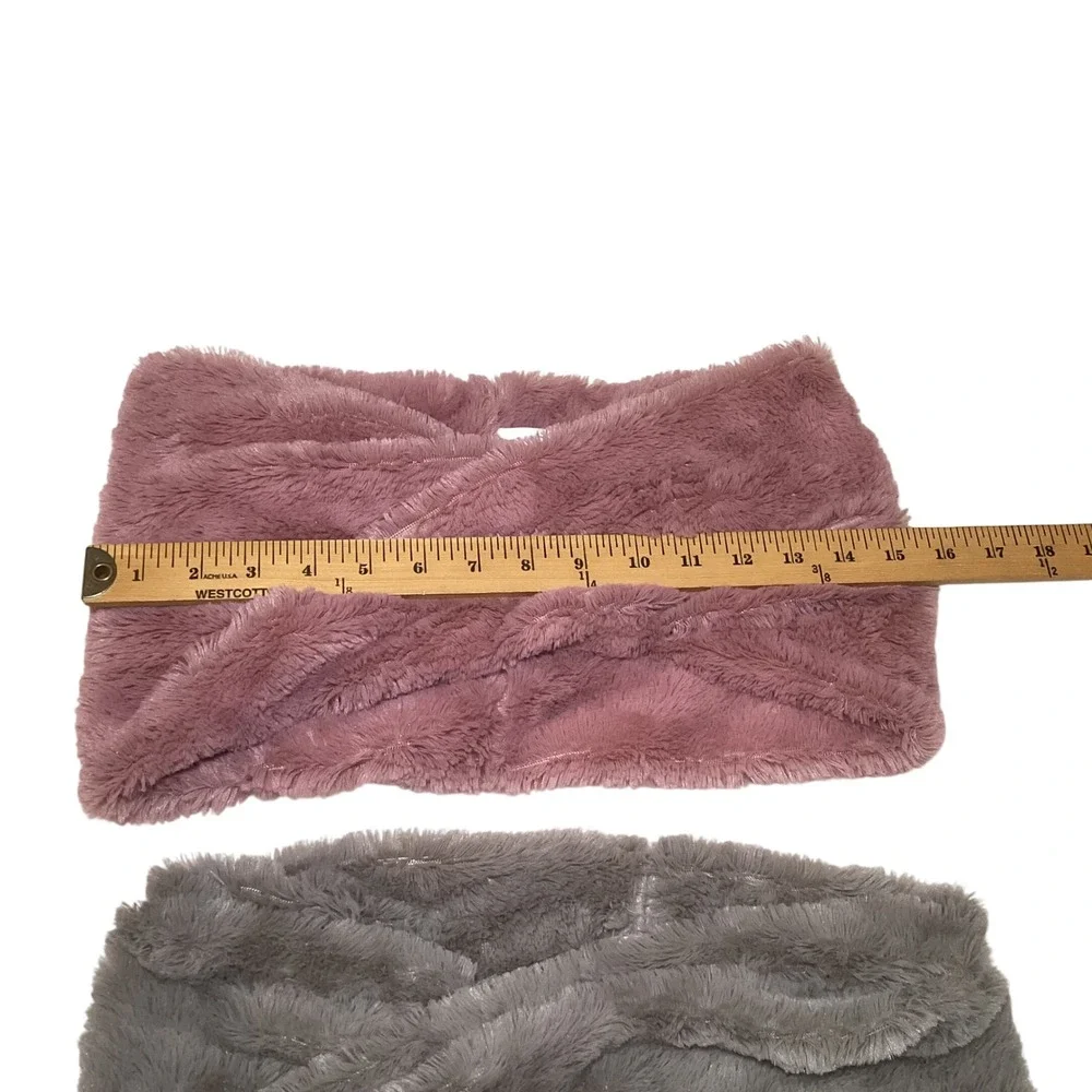 Set of 2 Faux Fur Infinity Scarves Twisted Neck Warmer Pink Gray Plush Winter